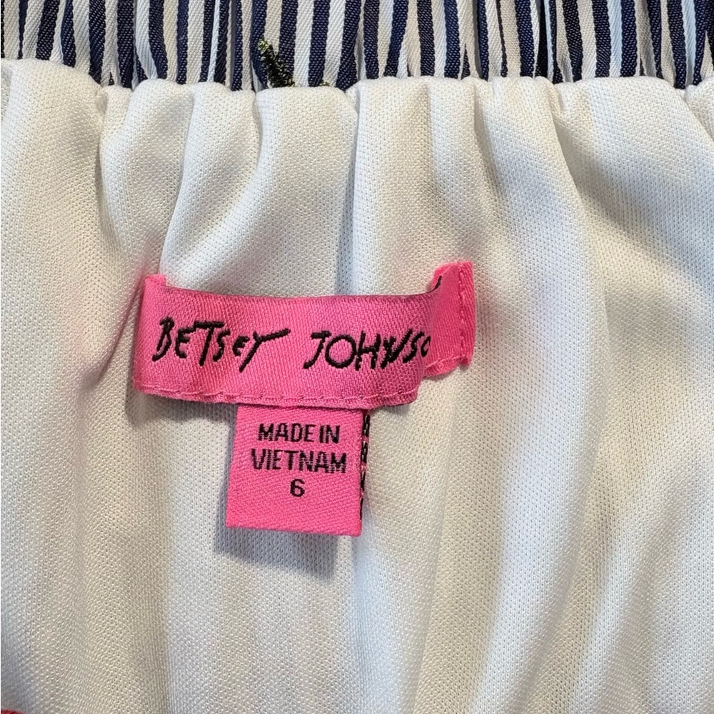 Betsey Johnson Off Shoulder Navy Stripe Embroidered Ruffle Sleeve Dress Sz 6💛 - Picture 8 of 11